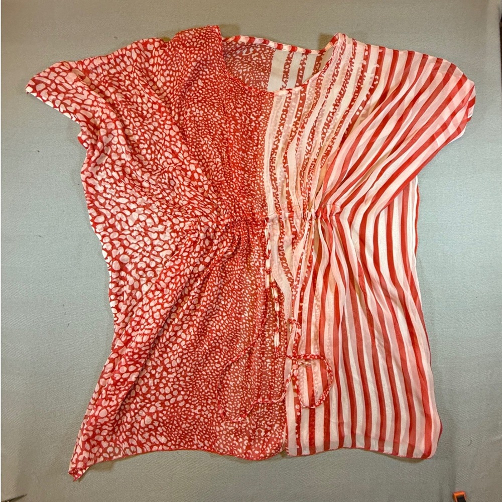 Red White Mixed Print Kaftan Top Sheer Leopard Stripe Drawstring Blouse OS 1959